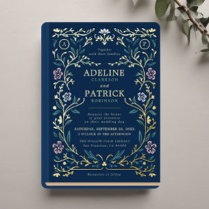 Invitación Con Relieve Metalizado Elegante boda de libro de biblioteca floral vintag