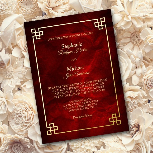 Invitación Con Relieve Metalizado Elegante Boda de marco dorado rojo (Subido por el creador)