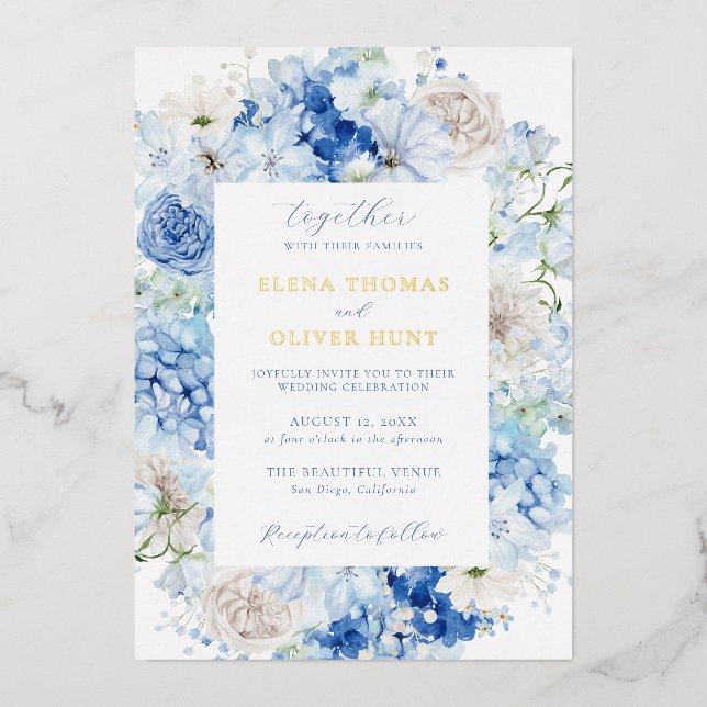 Invitación Con Relieve Metalizado Elegante Boda de marco floral azul (Anverso)