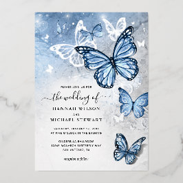Invitación Con Relieve Metalizado Elegante Boda de mariposa azul de bebé ligero Real