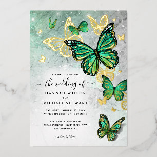 Invitación Con Relieve Metalizado Elegante Boda de mariposa de oro verde esmeralda r