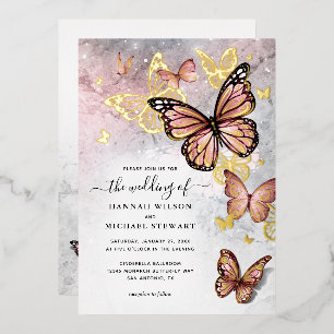 Invitación Con Relieve Metalizado Elegante Boda de mariposa rosa rosa dorada de oro 