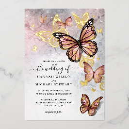 Invitación Con Relieve Metalizado Elegante Boda de mariposa rosa rosa dorada de oro 