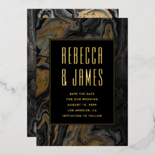 Invitación Con Relieve Metalizado Elegante Boda de Mármol Negro y Oro Abstracto 