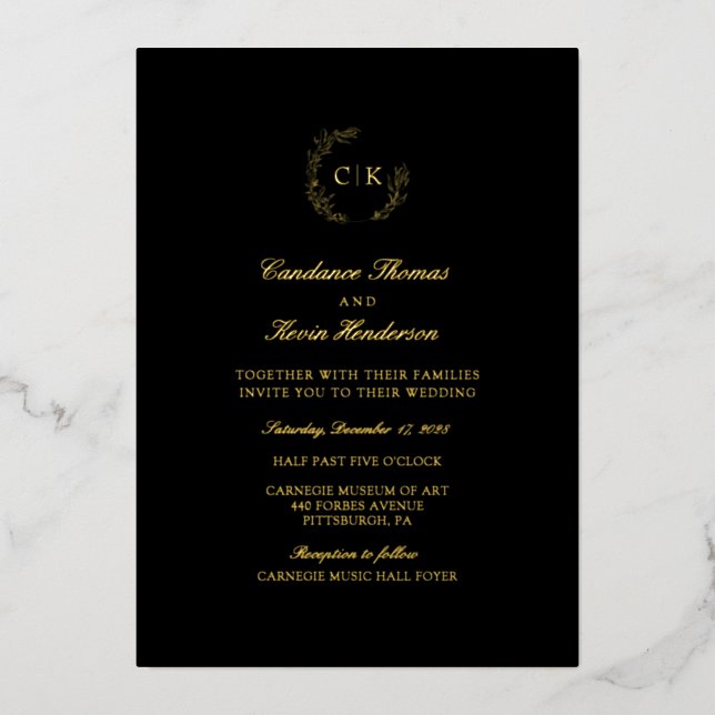 Invitación Con Relieve Metalizado Elegante Boda de Monograma (Anverso)