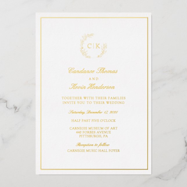 Invitación Con Relieve Metalizado Elegante Boda de Monograma (Anverso)