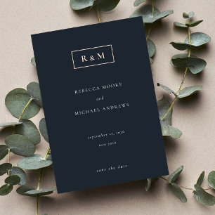 Invitación Con Relieve Metalizado Elegante Boda de Monograma Azul Mínimo Guardar fec
