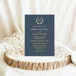 Invitación Con Relieve Metalizado Elegante Boda de Monograma Blue y Gold Wreath