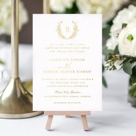 Invitación Con Relieve Metalizado Elegante Boda de Monograma de Hoja de Cresta de Pa