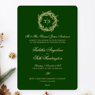 Invitación Con Relieve Metalizado Elegante Boda de Monograma de Oro Verde