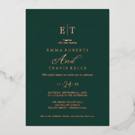 Invitación Con Relieve Metalizado Elegante Boda de Monograma Esmeralda y Relieve met