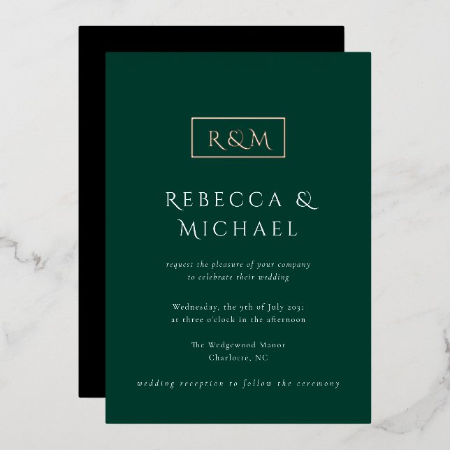 Invitación Con Relieve Metalizado Elegante Boda de Monograma Verde Esmeralda (Anverso/Reverso)