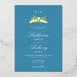 Invitación Con Relieve Metalizado Elegante Boda de Monogramas Blue Gold