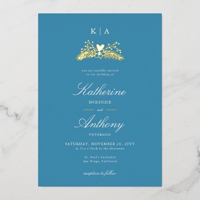 Invitación Con Relieve Metalizado Elegante Boda de Monogramas Blue Gold (Anverso)
