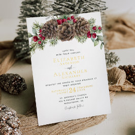 Invitación Con Relieve Metalizado Elegante Boda de Navidades de invierno Berries Pin
