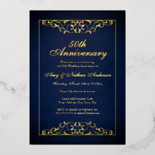 Invitación Con Relieve Metalizado Elegante Boda de Oro Aniversario 50 Navy