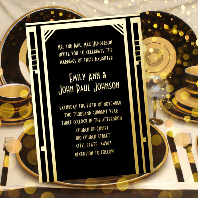 Invitación Con Relieve Metalizado Elegante Boda de oro Art Deco (Subido por el creador)
