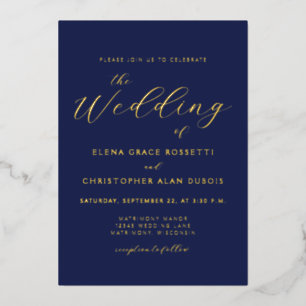 Invitación Con Relieve Metalizado Elegante Boda de oro azul de la Marina de caligraf