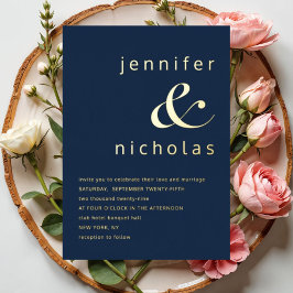 Invitación Con Relieve Metalizado Elegante Boda de Oro Azul Marino Ampersand 