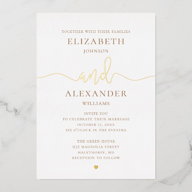 Invitación Con Relieve Metalizado Elegante boda de oro. Caligrafía de guión clásico (Anverso)