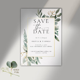 Invitación Con Relieve Metalizado Elegante Boda de Oro con Verde de Eucalipto Guarda