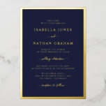 Invitación Con Relieve Metalizado Elegante Boda de Oro de la Marina<br><div class="desc">Sencilla,  moderna y elegante,  esta hermosa invitación a una boda azul marino presenta un elegante borde y un elegante guión de caligrafía impreso en Relieve metalizado real. Elija entre oro,  plata y Relieve metalizado de oro rosa.</div>