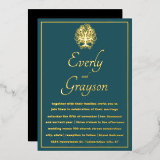 Invitación Con Relieve Metalizado Elegante Boda de oro del bosque azul Verde azulado