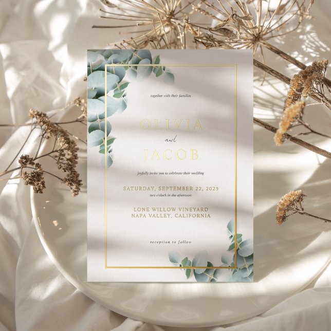 Invitación Con Relieve Metalizado Elegante Boda de Oro Eucalyptus (Subido por el creador)