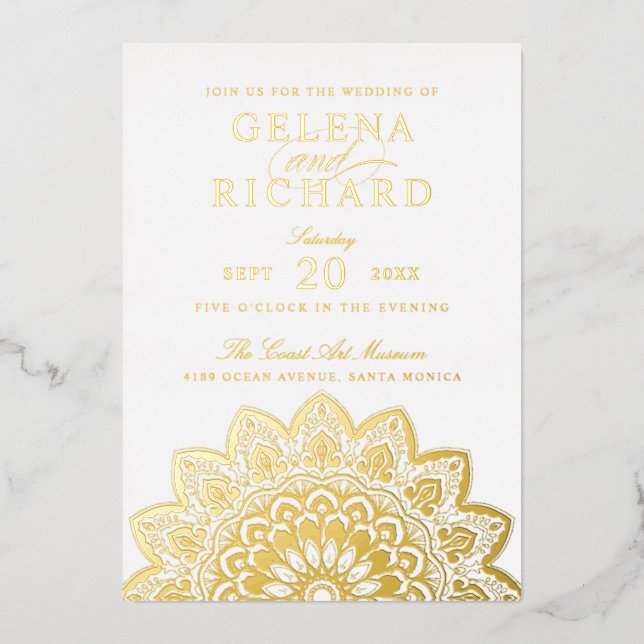 Invitación Con Relieve Metalizado Elegante Boda de oro Mandala Invitación al Relieve (Anverso)
