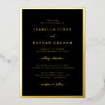 Invitación Con Relieve Metalizado Elegante Boda de oro negro<br><div class="desc">Sencilla,  moderna y elegante,  esta hermosa invitación a una boda negra presenta un elegante borde y un elegante guión de caligrafía impreso en un verdadero Relieve metalizado de oro.</div>
