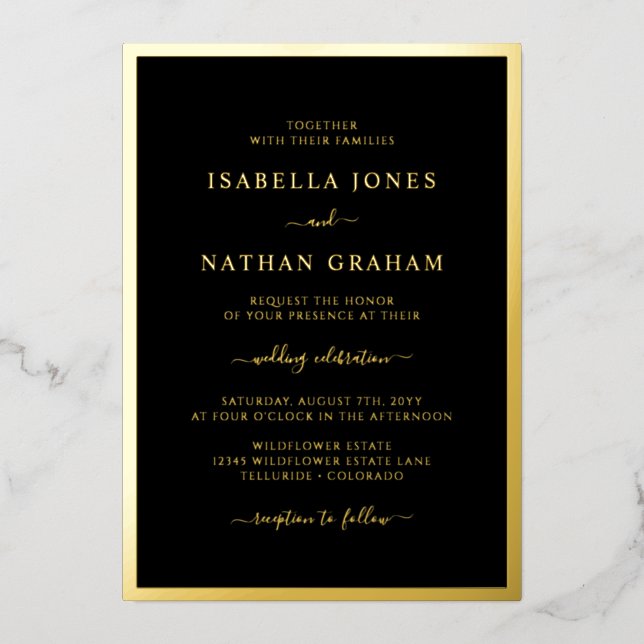 Invitación Con Relieve Metalizado Elegante Boda de oro negro (Anverso)