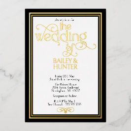 Invitación Con Relieve Metalizado Elegante Boda de Oro Negro Ornate Typography