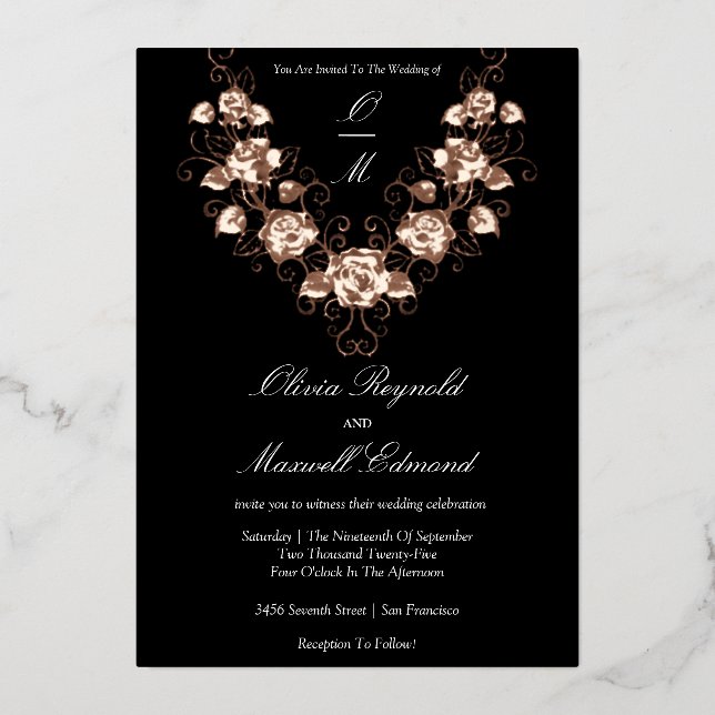 Invitación Con Relieve Metalizado Elegante Boda de oro negro y Rosa (Anverso)