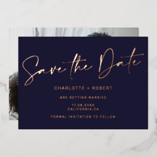 Invitación Con Relieve Metalizado Elegante boda de oro rosa, salvo la foto de la fec
