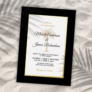 Invitación Con Relieve Metalizado Elegante Boda de Playa con Palma de Oro Negra