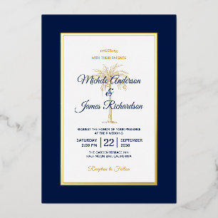 Invitación Con Relieve Metalizado Elegante Boda de Playa con Palma en Azul Marino y