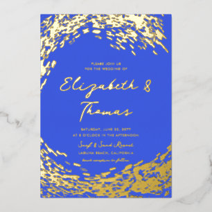 Invitación Con Relieve Metalizado Elegante Boda de Playa Moderna Onda de Surf Azul y