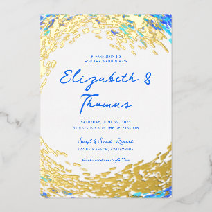 Invitación Con Relieve Metalizado Elegante Boda de Playa Ola de Surf Azul Turquesa y