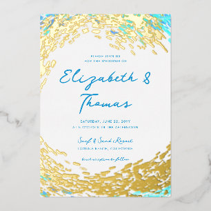 Invitación Con Relieve Metalizado Elegante Boda de Playa Ola de Surf Dorada Tropical