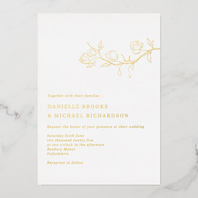 Invitación Con Relieve Metalizado Elegante Boda de ramas de jazmín (Anverso)
