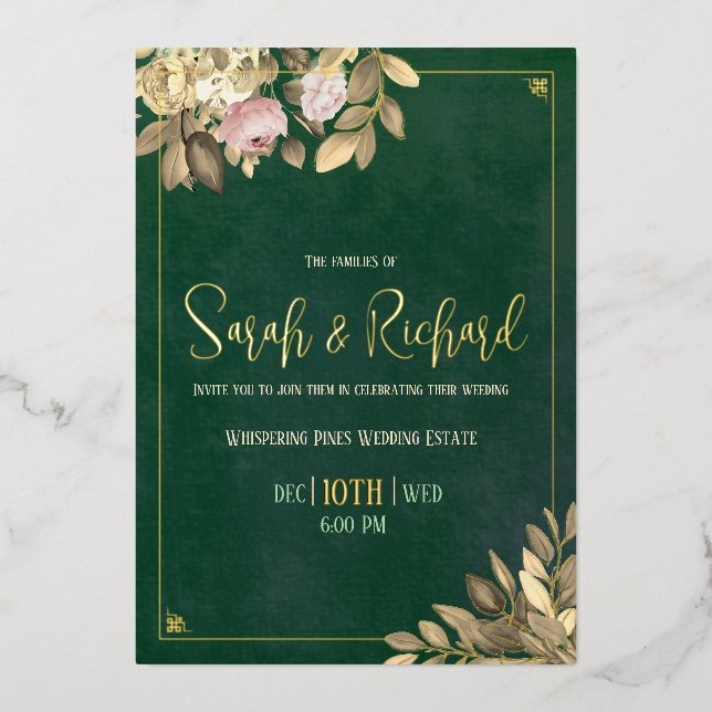 Invitación Con Relieve Metalizado Elegante Boda de Relieve metalizado dorado verde e (Anverso)