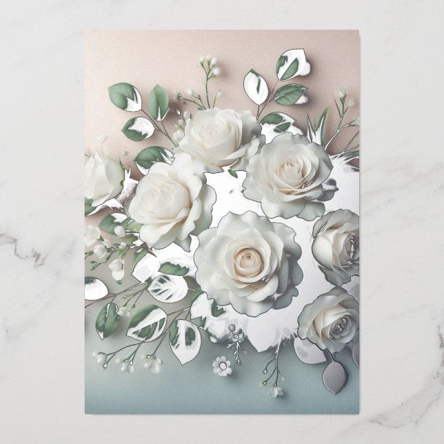 Invitación Con Relieve Metalizado Elegante Boda de rosas blancas (Anverso)