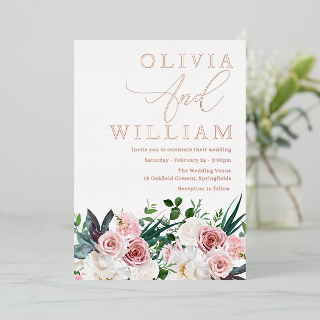 Invitación Con Relieve Metalizado Elegante Boda de Roses Rosa de Rubor Rosa Gold (Anverso de pie)