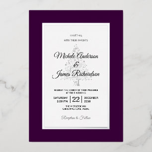 Invitación Con Relieve Metalizado Elegante Boda de Vacaciones de Invierno Morado Pla