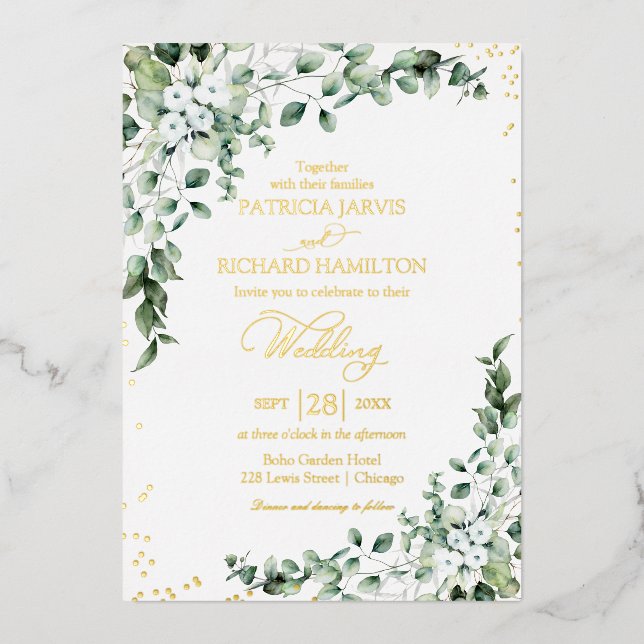 Invitación Con Relieve Metalizado Elegante Boda de vegetación acuática (Anverso)