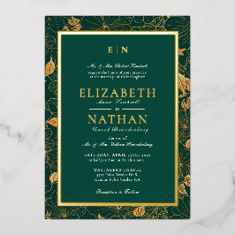 Invitación Con Relieve Metalizado Elegante Boda de vegetación verde y dorada