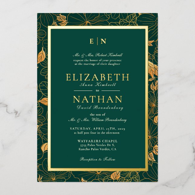 Invitación Con Relieve Metalizado Elegante Boda de vegetación verde y dorada (Anverso)