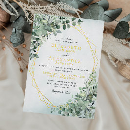 Invitación Con Relieve Metalizado Elegante Boda de Verde Eucalipto con Hoja de Oro