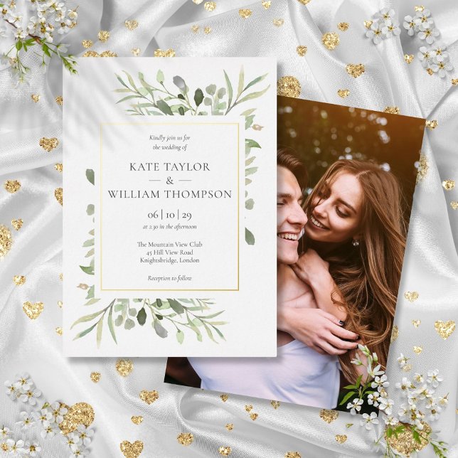 Invitación Con Relieve Metalizado Elegante Boda de Verdor Foto Oro (Elegant Greenery Wedding Photo Gold Foil Invitation)