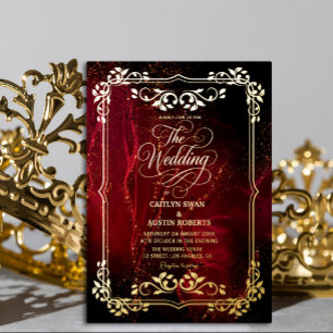 Invitación Con Relieve Metalizado Elegante Boda del Ornato Rojo y Oro